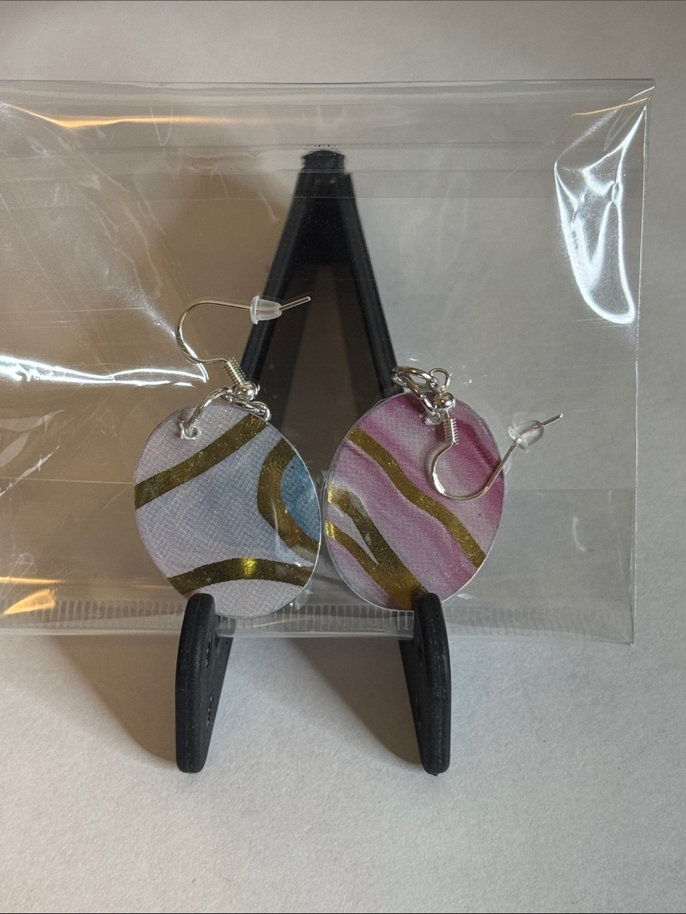Handmade Pink & Light Blue Wave Drop Earrings with Gold Accents